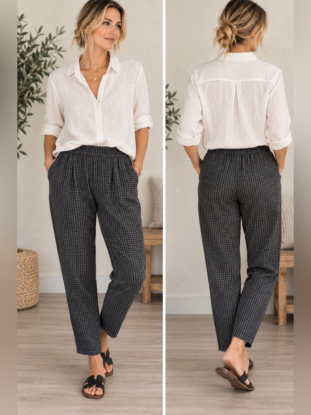 Eileen Fisher Organic Linen Gingham Tapered Pull On Pants Medium
